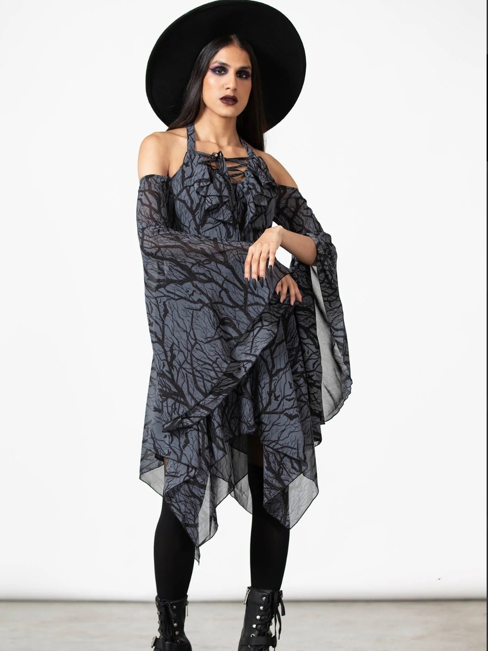 Killstar Gothic Lace-Up Asymmetrical Black & Gray Off-Shoulder Dress - Picture 6 of 8